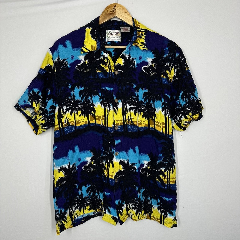 vintage Thums Up Hawaiian shirt tropical palm tree sunset large Rayon